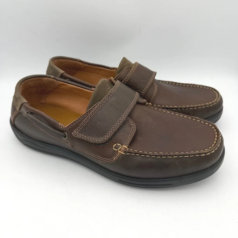 Cosyfeet Mens Brown Leather Wide Fit Boat Shoes Hook Loop Loafers Size 7.5